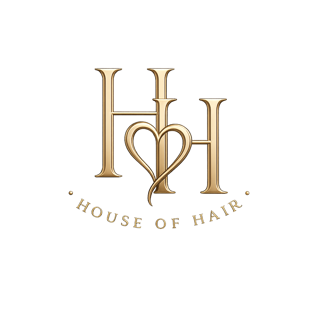 House of Hair gold logo on a warm brown background